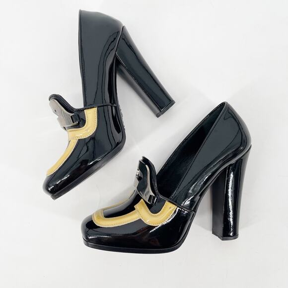 Prada Fall 2010 Runway Black Patent Yellow Trim Metal Logo Platform Heels 36.5 - Picture 4 of 12